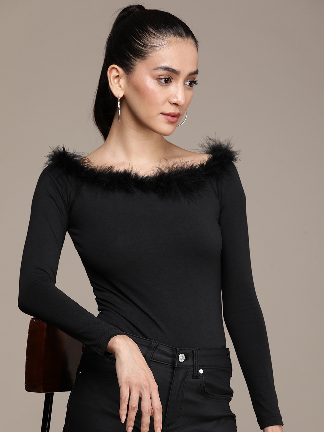 

bebe Boat Neck Fur Detail Top, Black