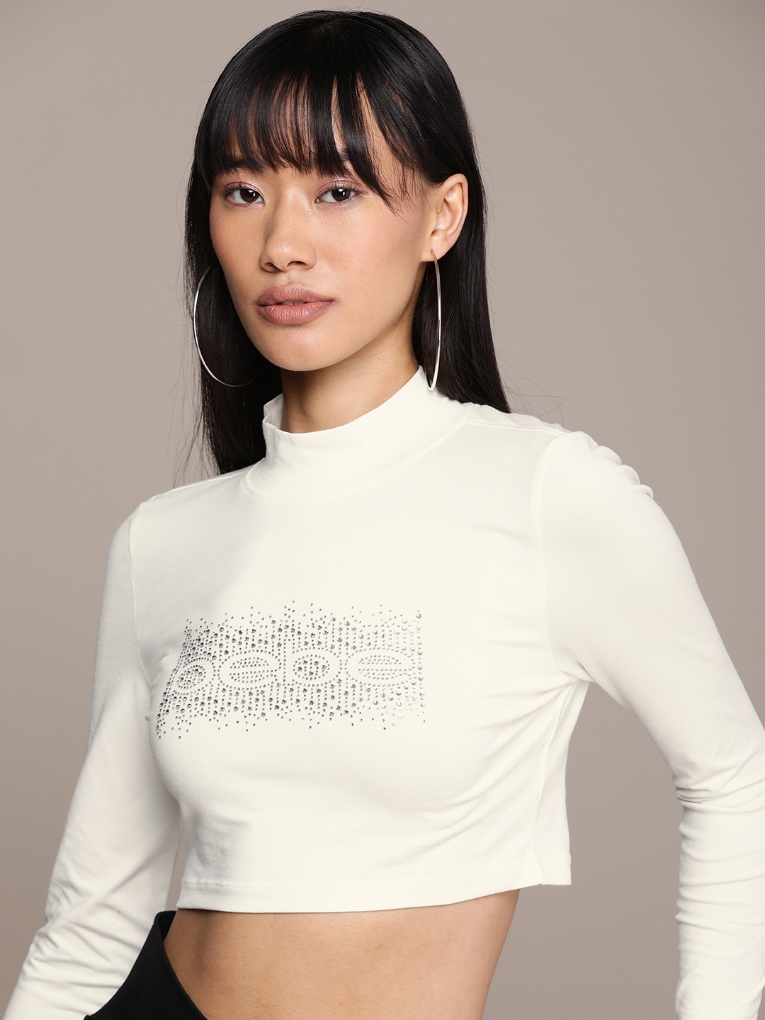 

bebe Embellished Brand Logo High Neck T-shirt, White