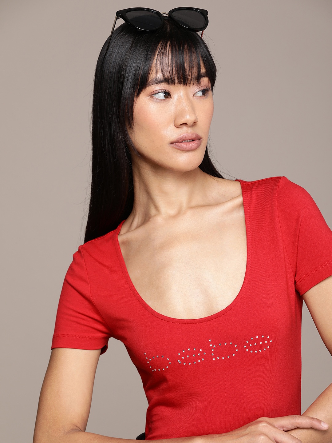 

bebe Embellished Brand Logo Scoop Neck T-shirt, Red