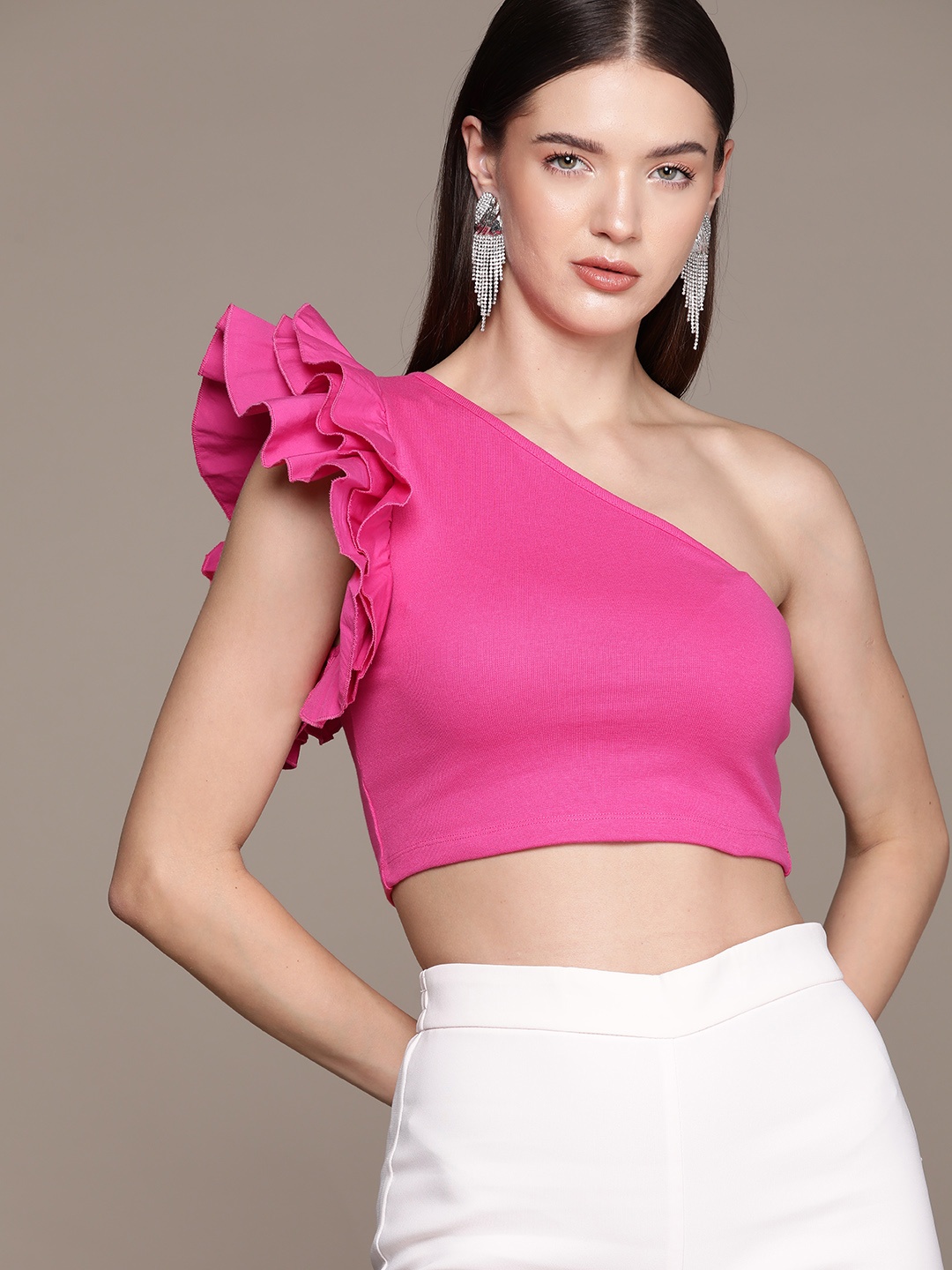 

bebe Season Staples One Shoulder Ruffles Crop Top, Pink