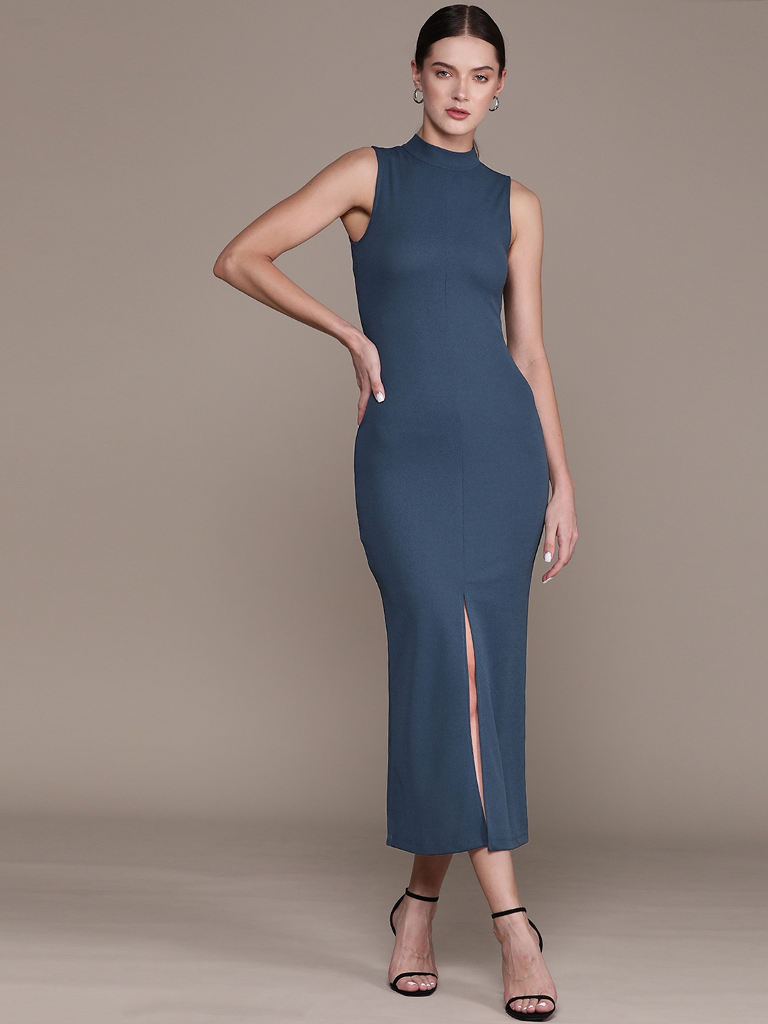 

bebe Future Glam High Neck Bodycon Midi Dress, Blue