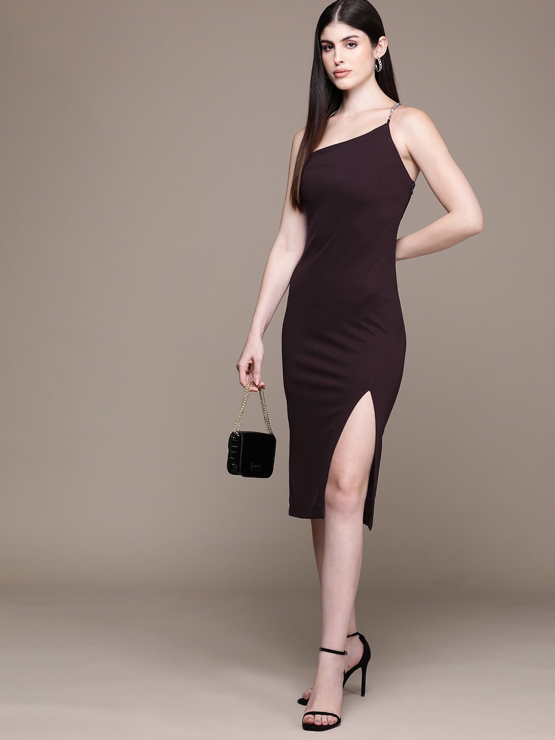 

bebe Burgundy Future Glam One-Shoulder Metallic Strap Sheath Dress