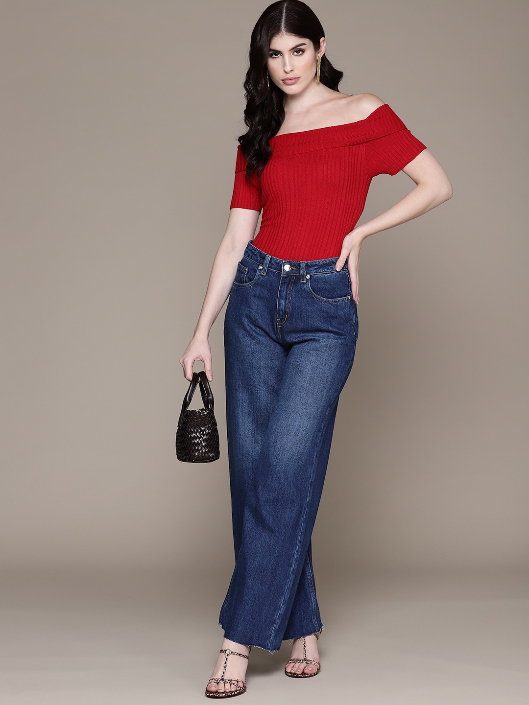 

bebe Women Denim Daze High-Rise Pure Cotton Wide Leg Jeans, Blue