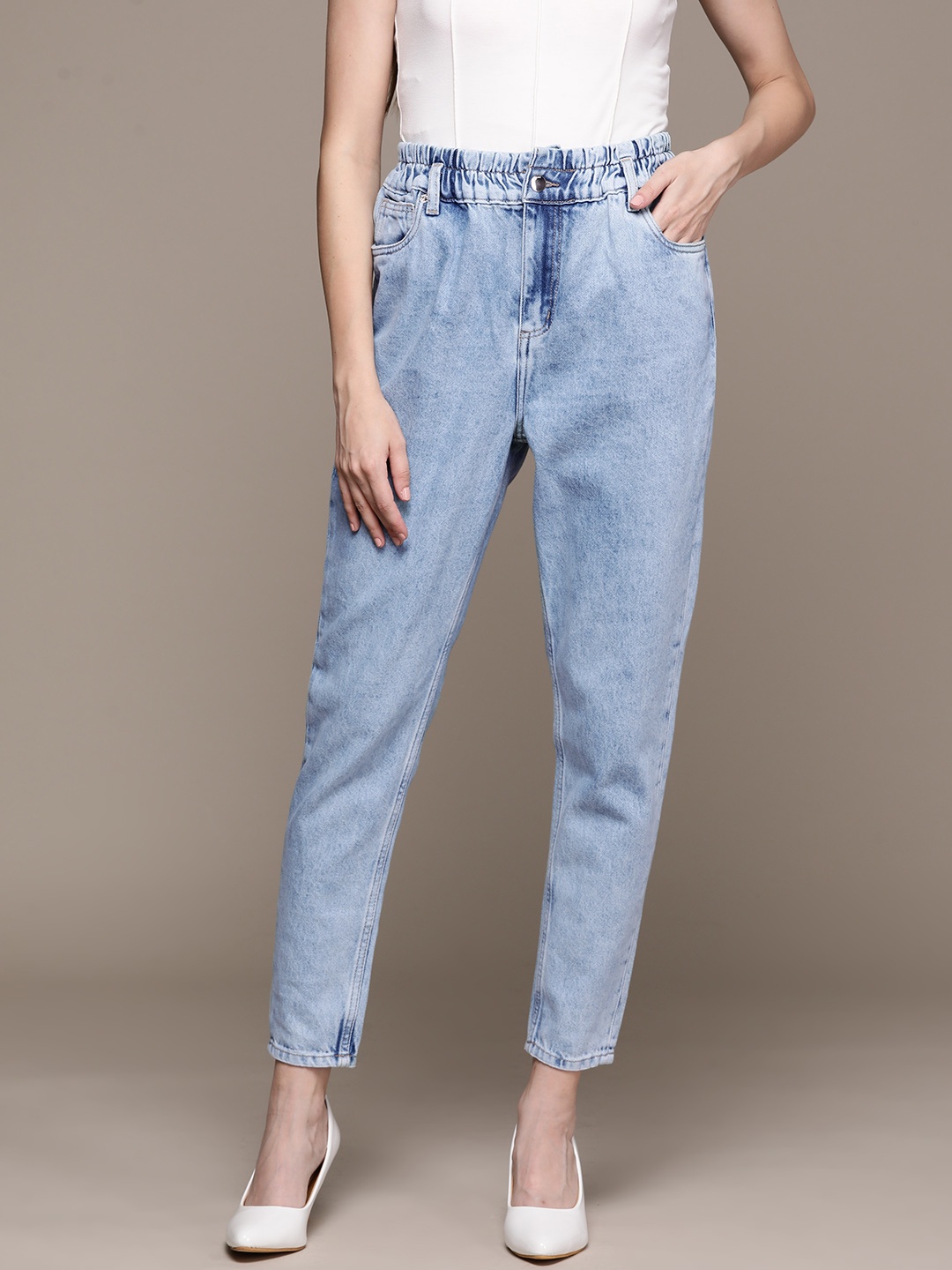 

bebe Denim Daze High-Rise Mom Fit Pure Cotton Denim, Blue