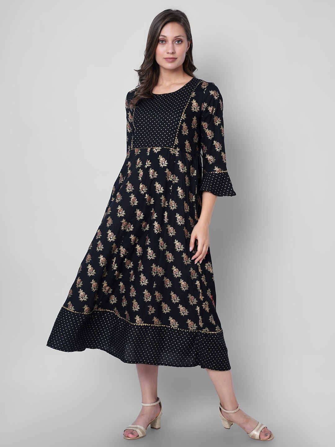 

VASANT APPAREL Ethnic Motifs Printed Bell Sleeve A-Line Midi Dress, Black