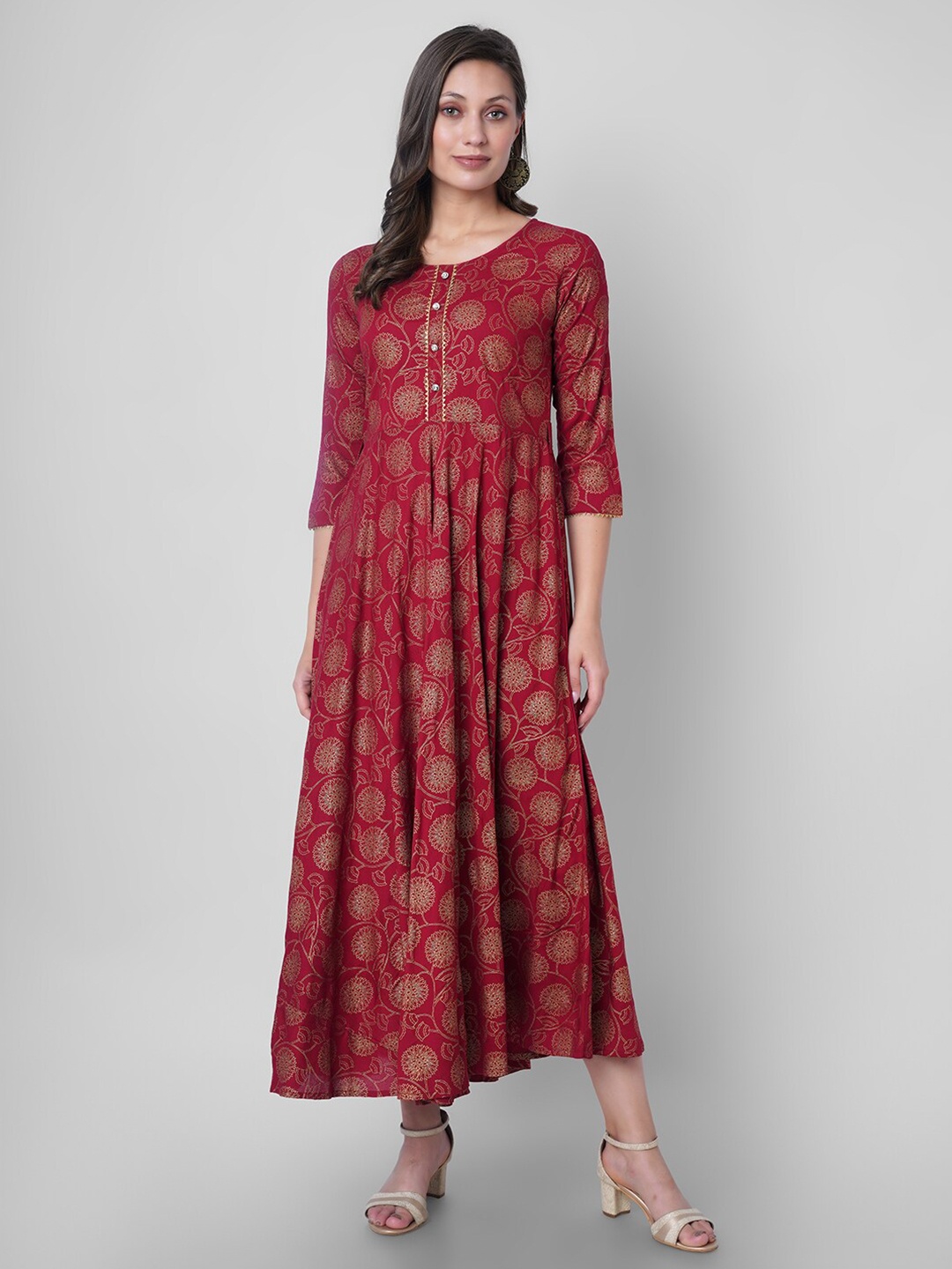 

VASANT APPAREL Floral Printed Fit & Flare Maxi Dress, Maroon
