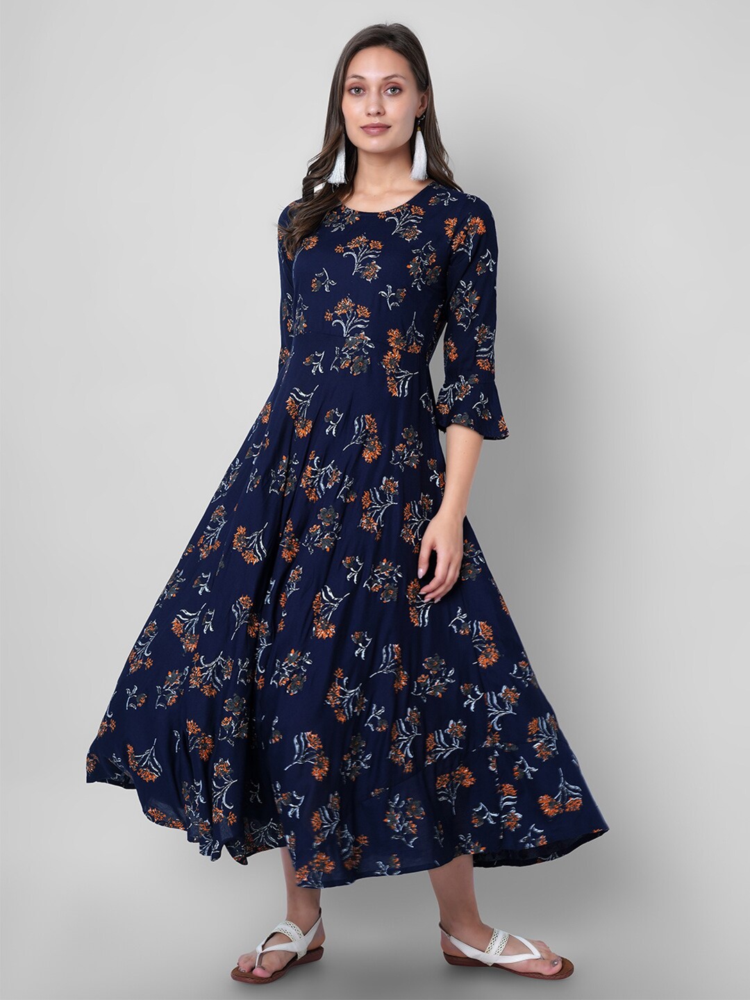 

VASANT APPAREL Floral Printed Fit & Flare Midi Dress, Blue