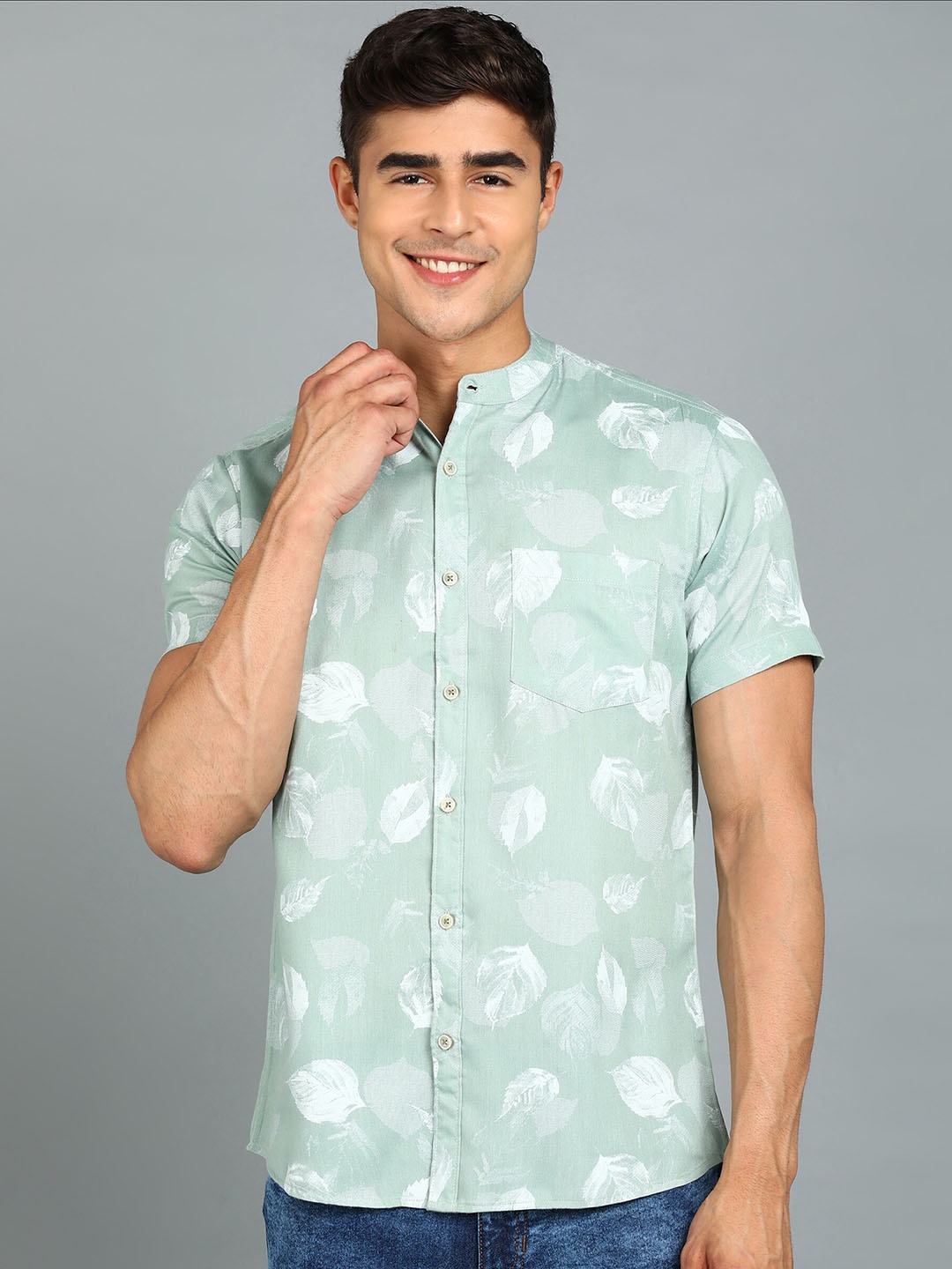 

Urbano Fashion Slim Fit Conversational Printed Band Collar Cotton Casual Shirt, Green