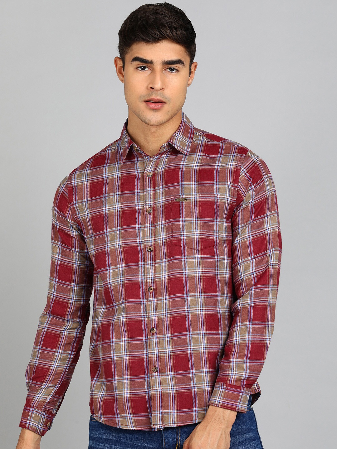 

Urbano Fashion Slim Fit Tartan Checks Opaque Checked Casual Shirt, Red