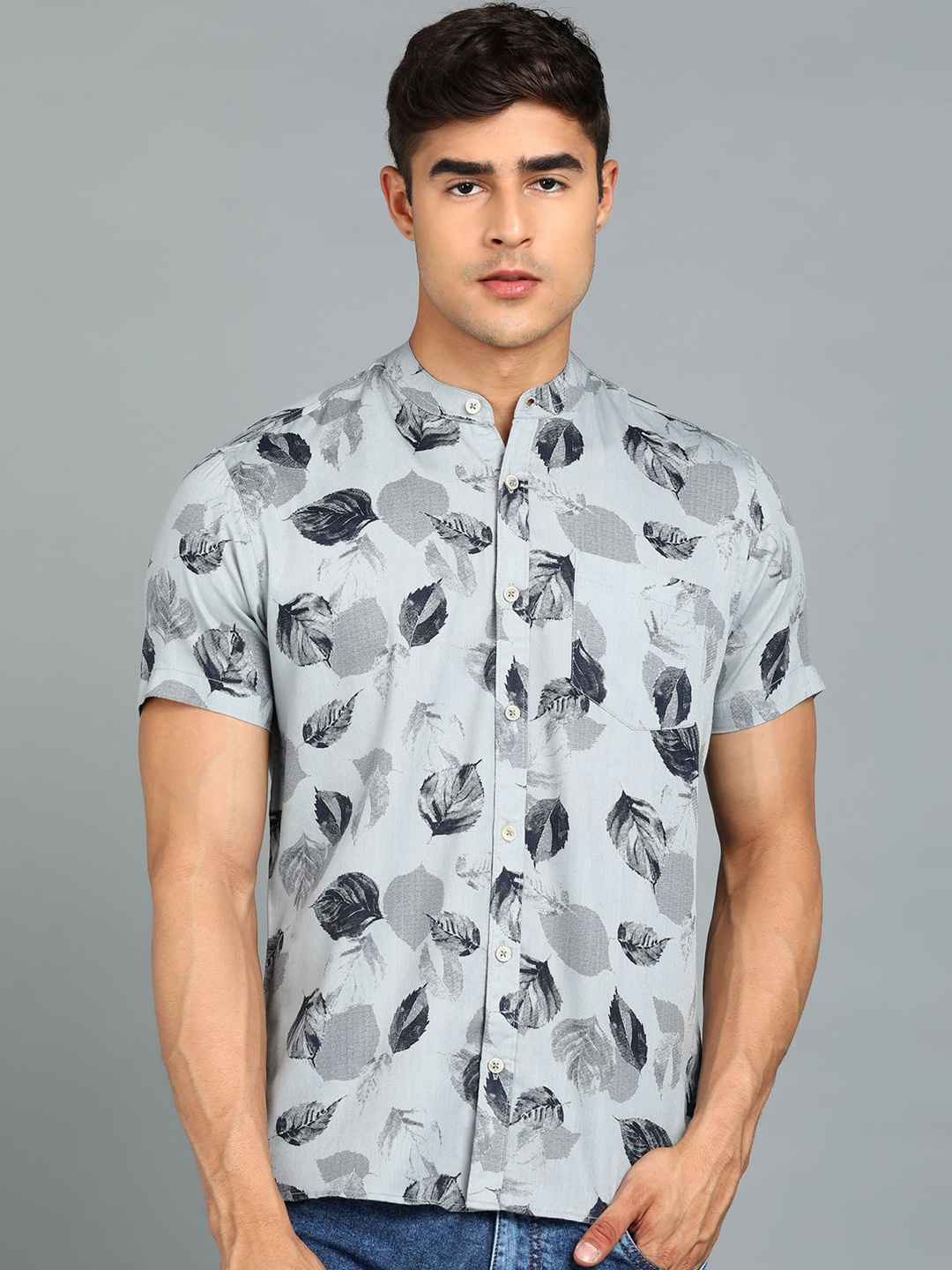 

Urbano Fashion Slim Fit Opaque Printed Band Collar Casual Shirt, Grey