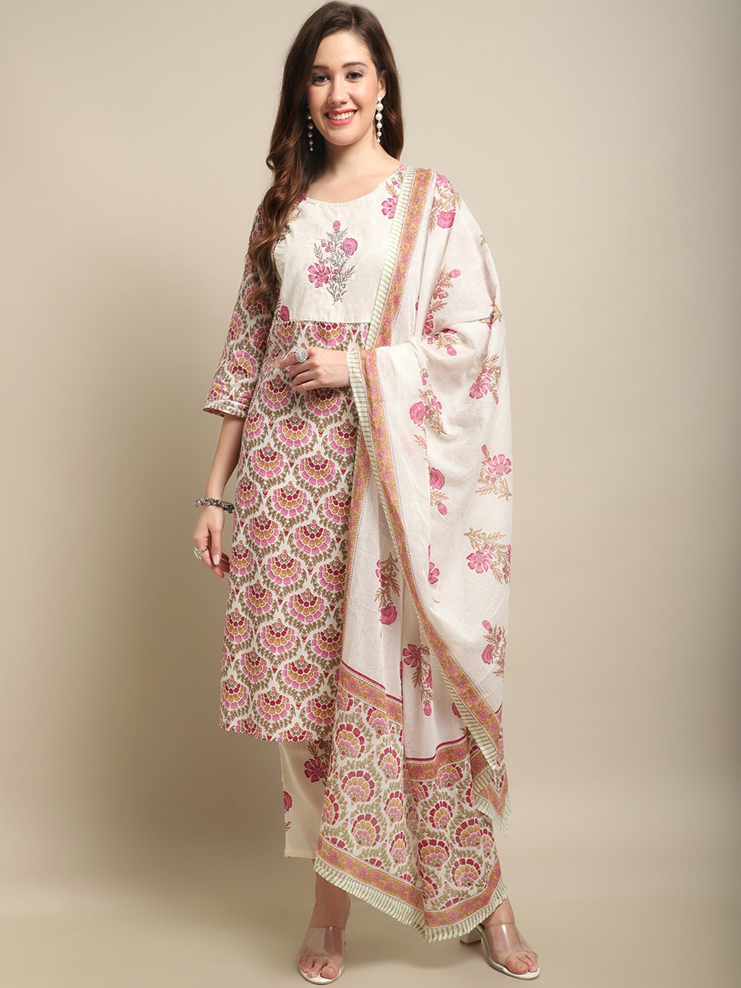 

Sangria Off White & Pink Floral Printed Pure Cotton A-Line Kurta With Trouser & Dupatta