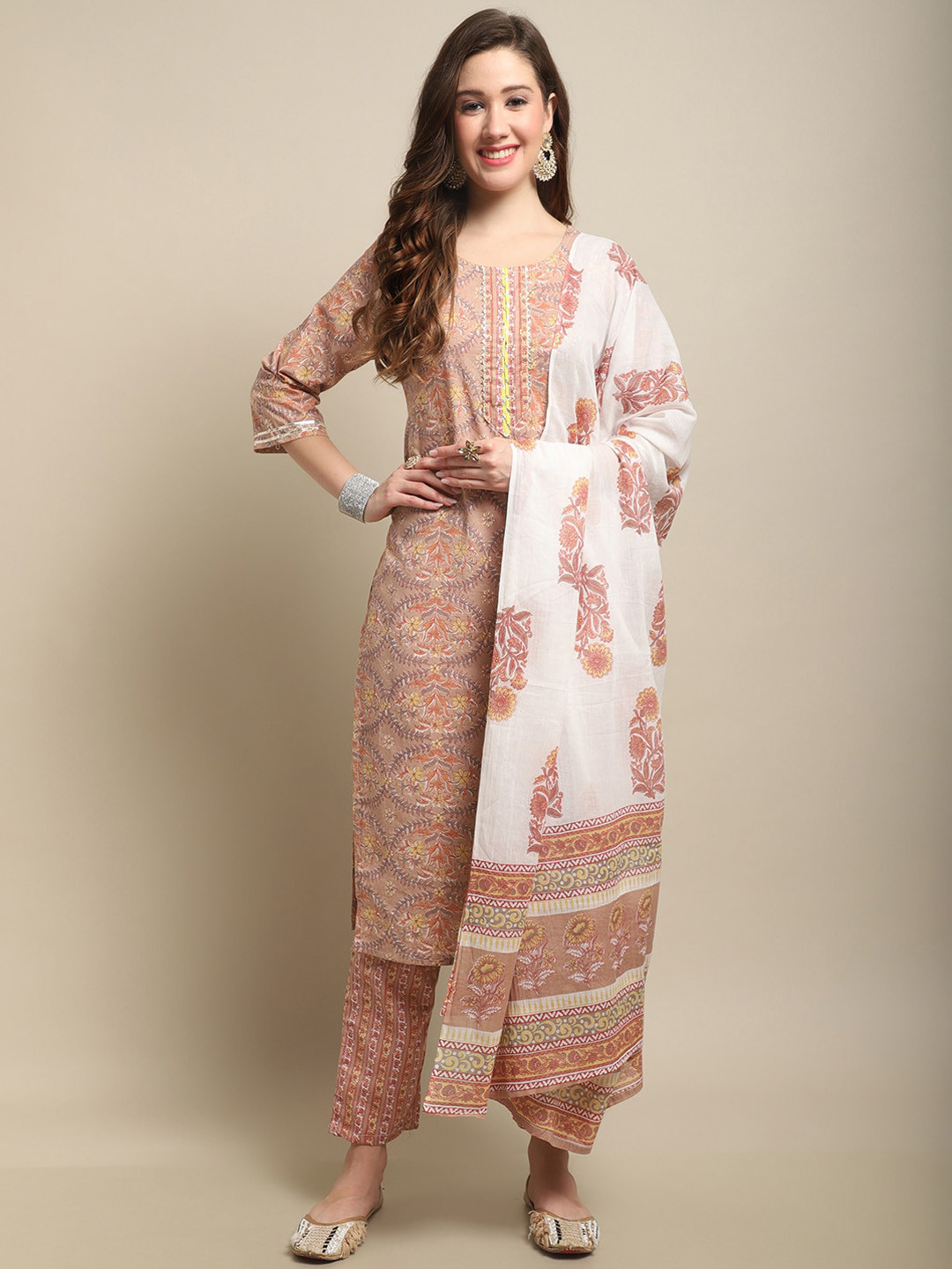 

Sangria Peach Coloured & Orange Floral Printed Pure Cotton Kurta With Trouser & Dupatta