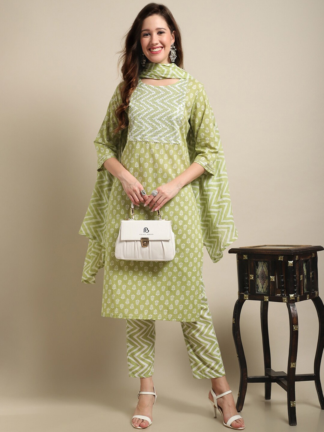 

Sangria Olive Green & White Printed Sequinned Pure Cotton Kurta With Trouser & Dupatta