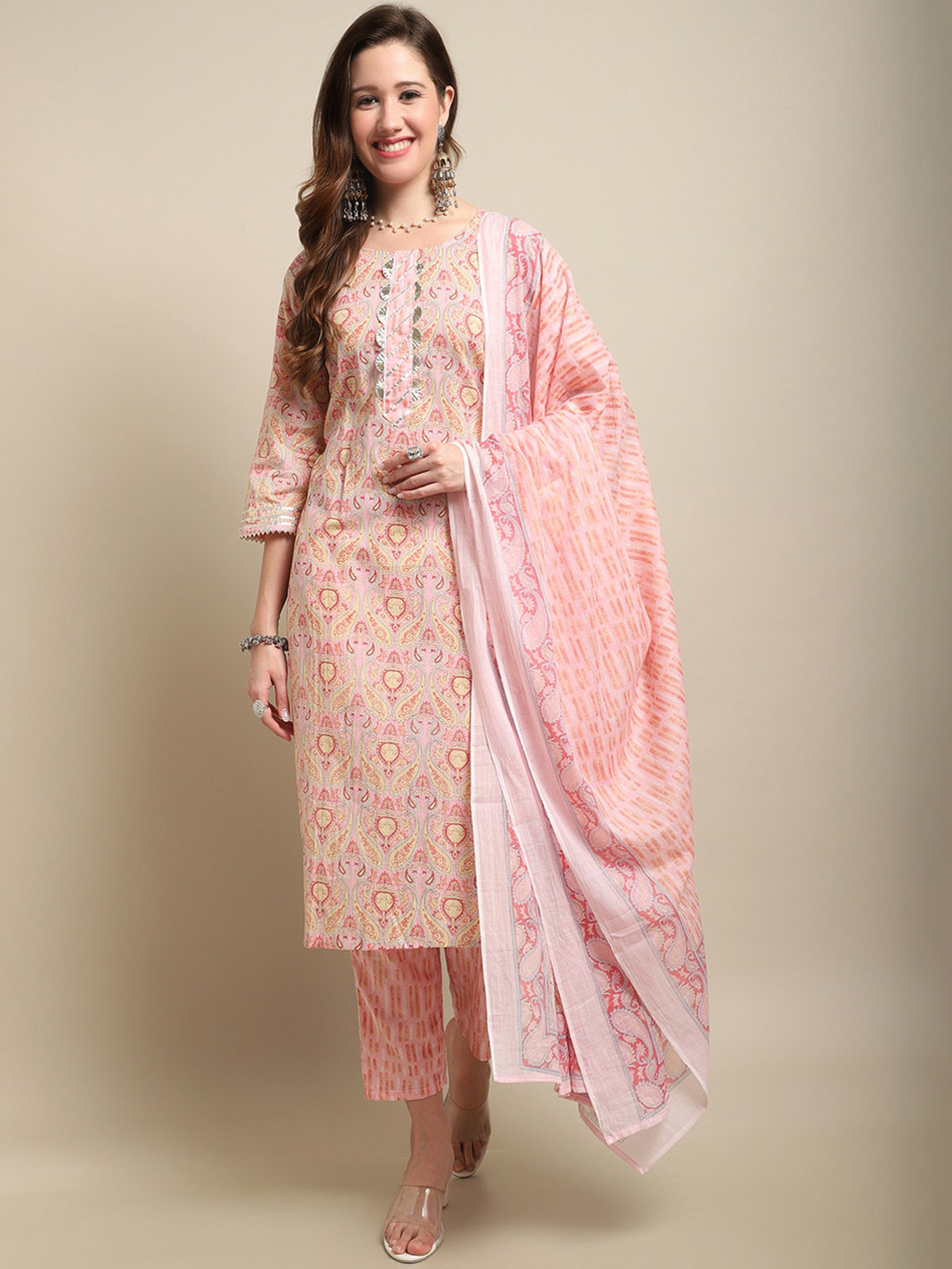 

Sangria Pink & Yellow Printed Gotta Patti Pure Cotton Kurta With Trouser & Dupatta