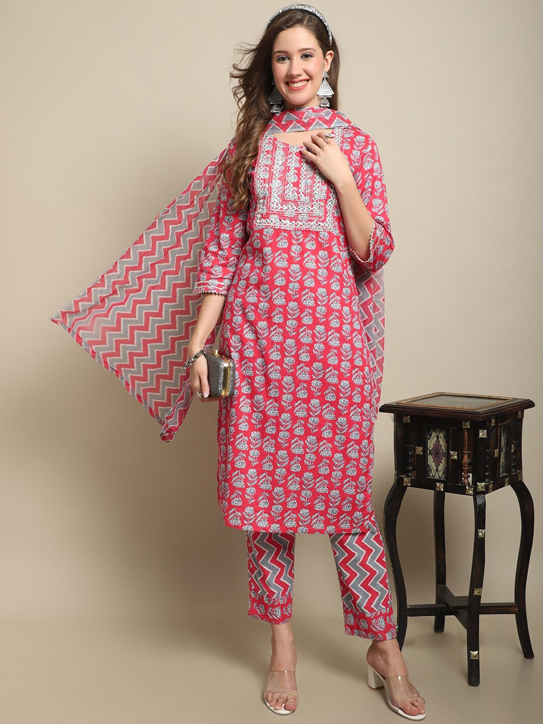 

Sangria Red & Grey Floral Printed Mirror Work Pure Cotton Kurta With Trouser & Dupatta