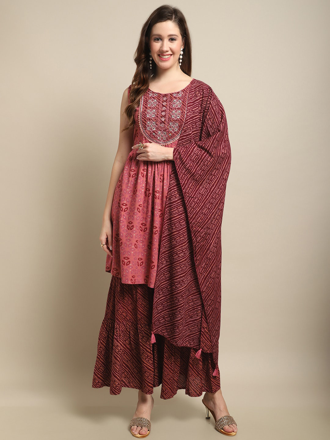 

Sangria Maroon & Pink Ethnic Motif Printed Thread Work Kurta With Sharara & Dupatta
