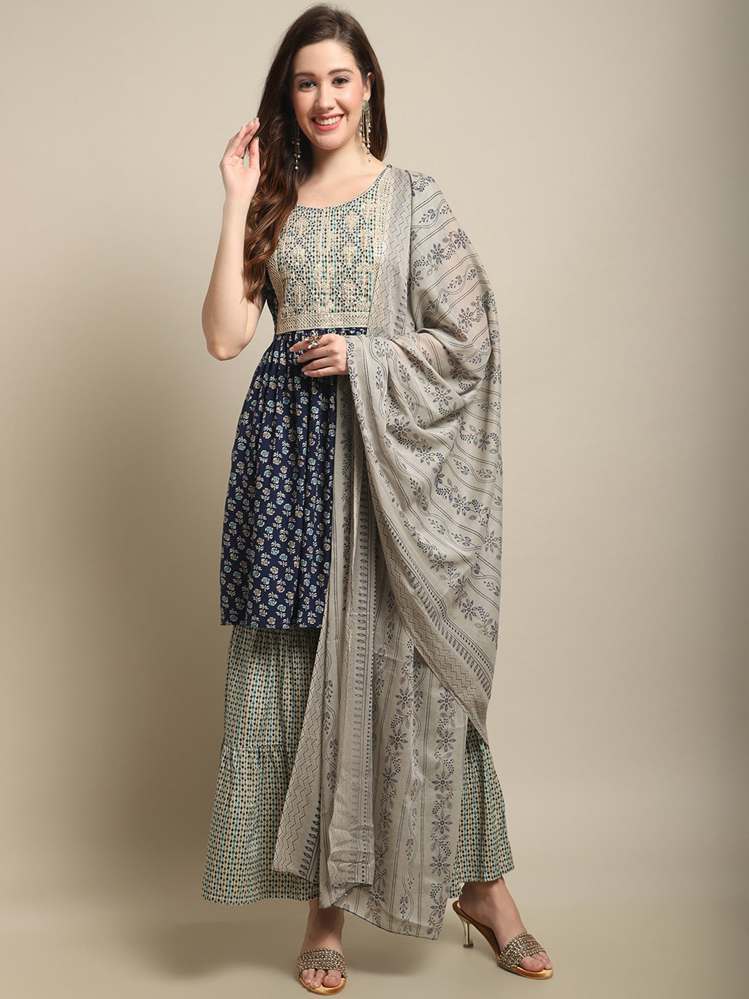 

Sangria Navy Blue & Beige Floral Printed Thread Work A-Line Kurti With Sharara & Dupatta