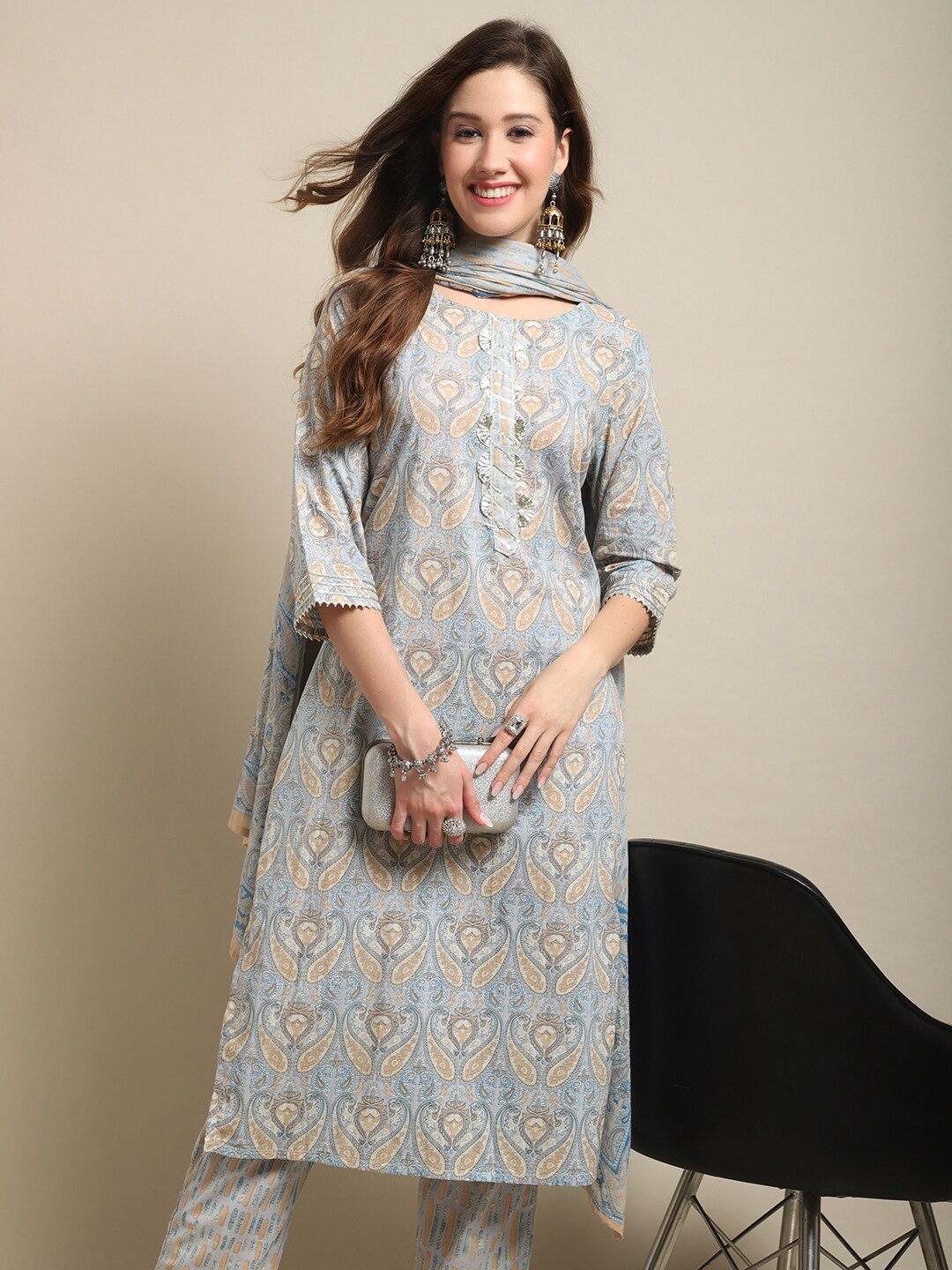

Sangria Blue & Beige Printed Gotta Patti Work Pure Cotton Kurta With Trouser & Dupatta