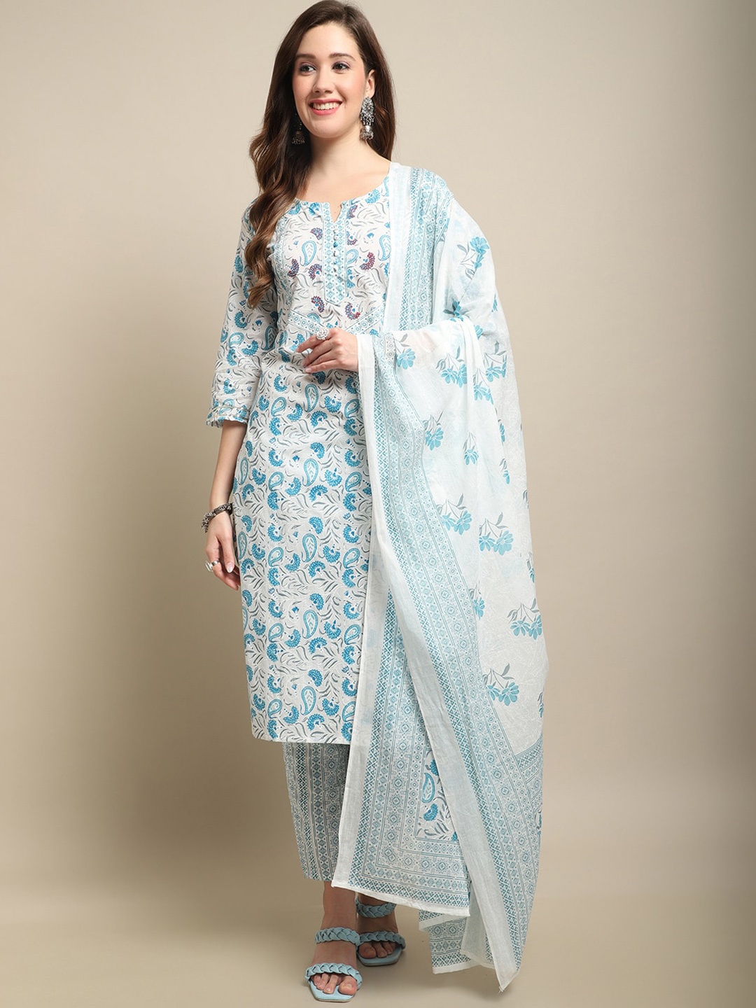 

Sangria White & Blue Printed Notched Neck Pure Cotton Kurta With Trouser & Dupatta
