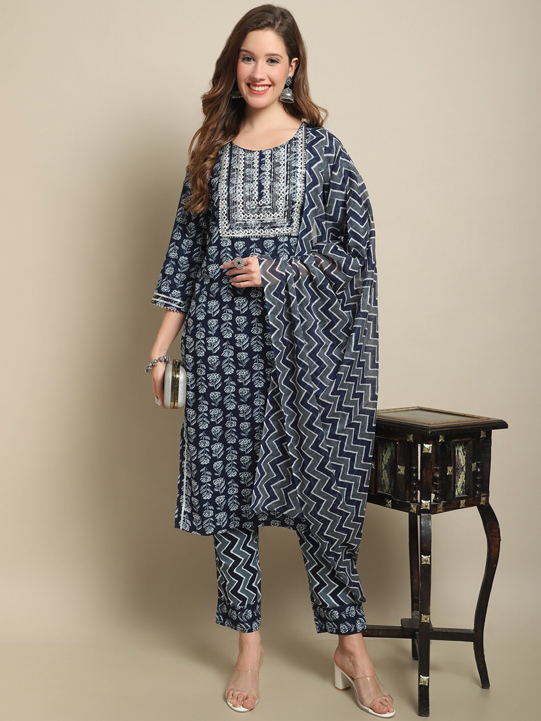 

Sangria Navy Blue & Grey Printed Mirror Work Pure Cotton Kurta With Trouser & Dupatta