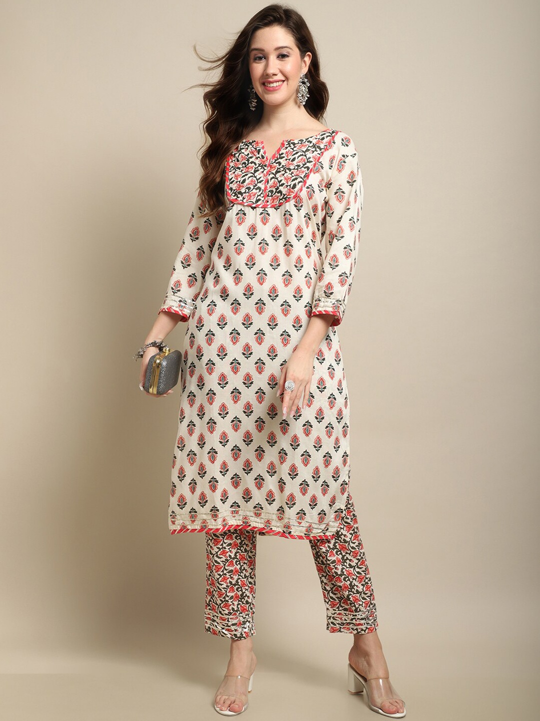 

Sangria Beige & Green Floral Printed Notched Neck Kurta With Trouser