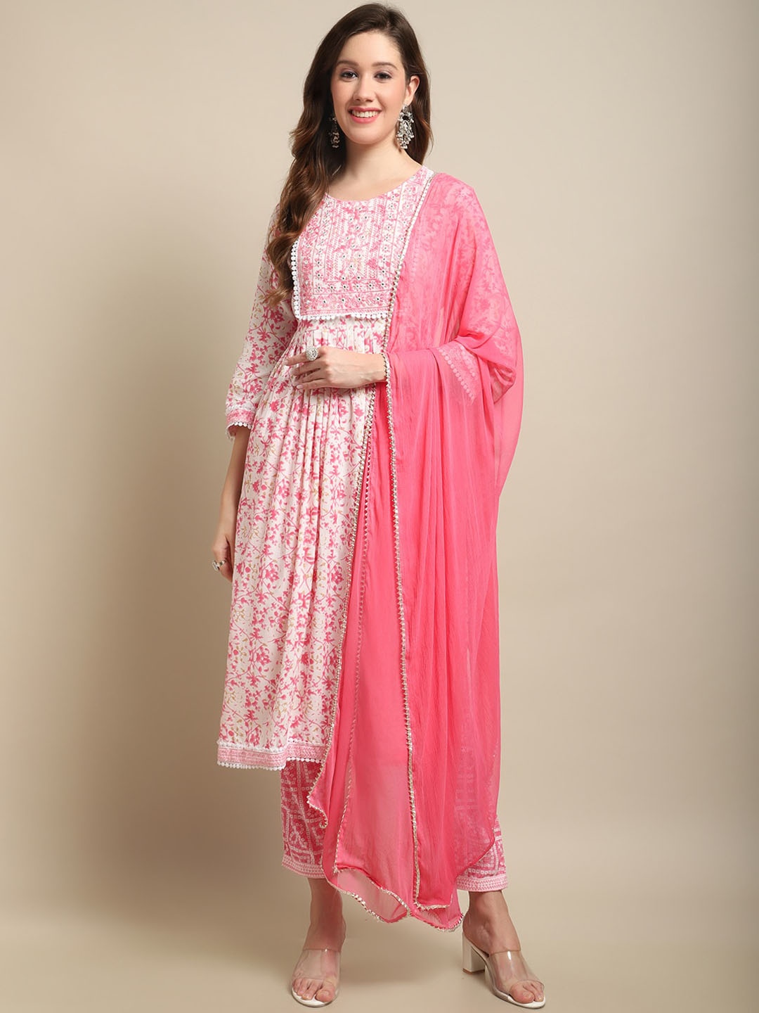 

Sangria Pink & White Ethnic Motif Printed Mirror Work Kurta With Trouser & Dupatta