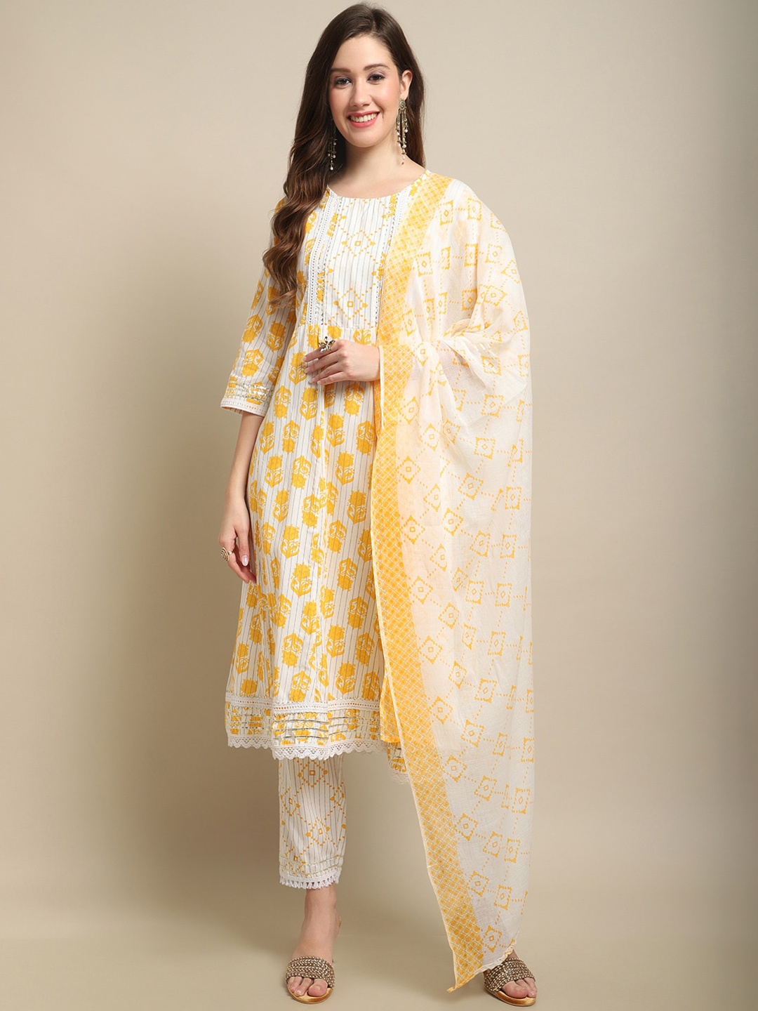 

Sangria Yellow & White Floral Printed Gotta Patti A-Line Kurta With Trouser & Dupatta