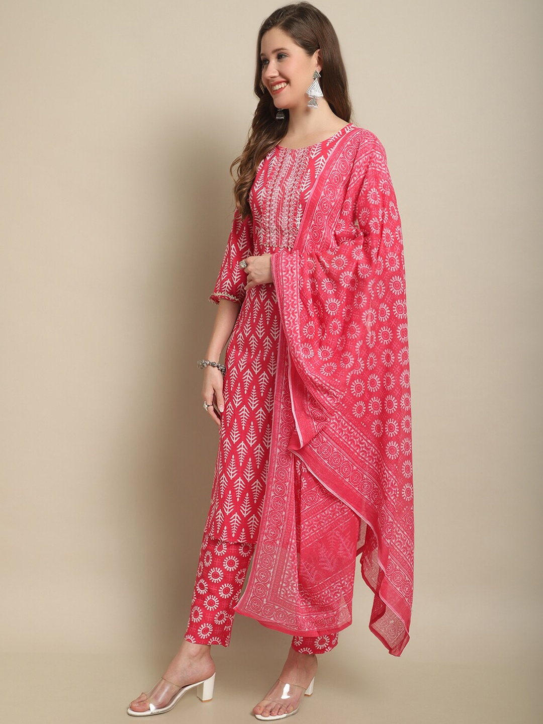 

Sangria Pink & White Ethnic Motif Printed Mirror Work Kurta With Trouser & Dupatta