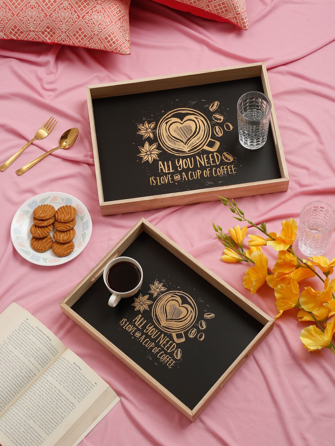 

HOSTA HOMES Black & Beige 3 Pieces Printed MDF Serving Trays