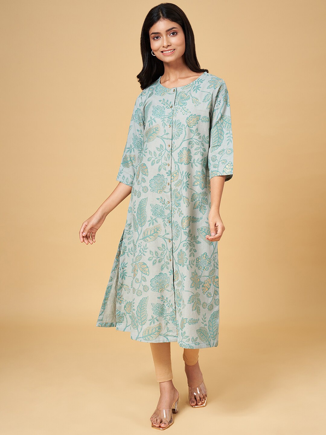 

RANGMANCH BY PANTALOONS Floral Printed A-Line Cotton Kurta, Green