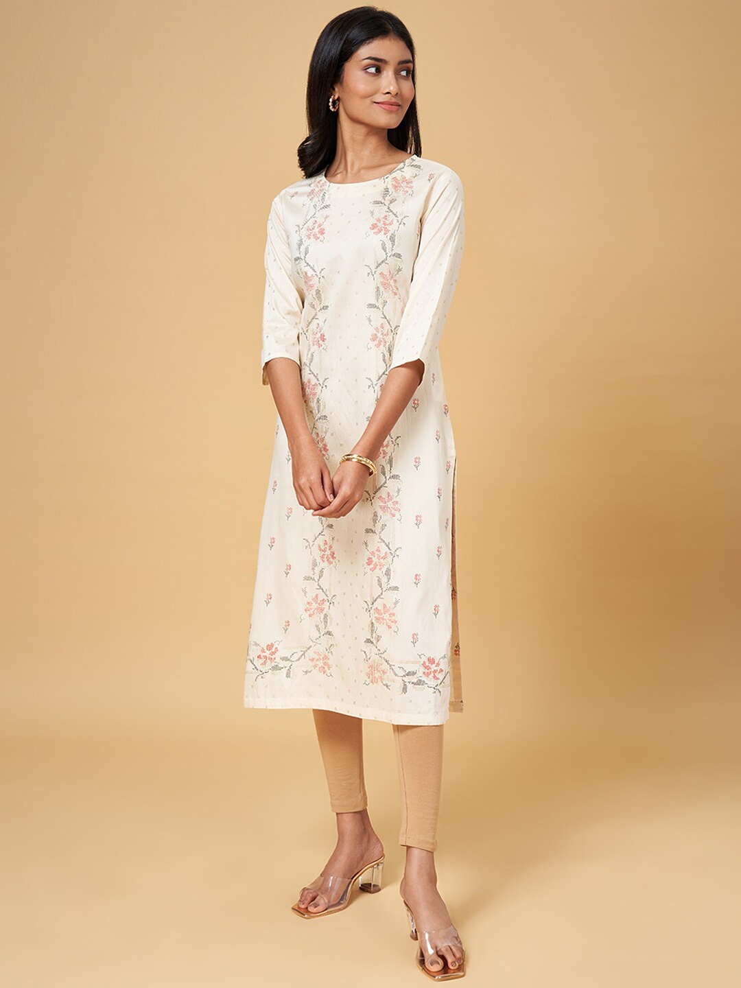 

RANGMANCH BY PANTALOONS Ethnic Motifs Printed Chanderi Silk Kurta, Beige