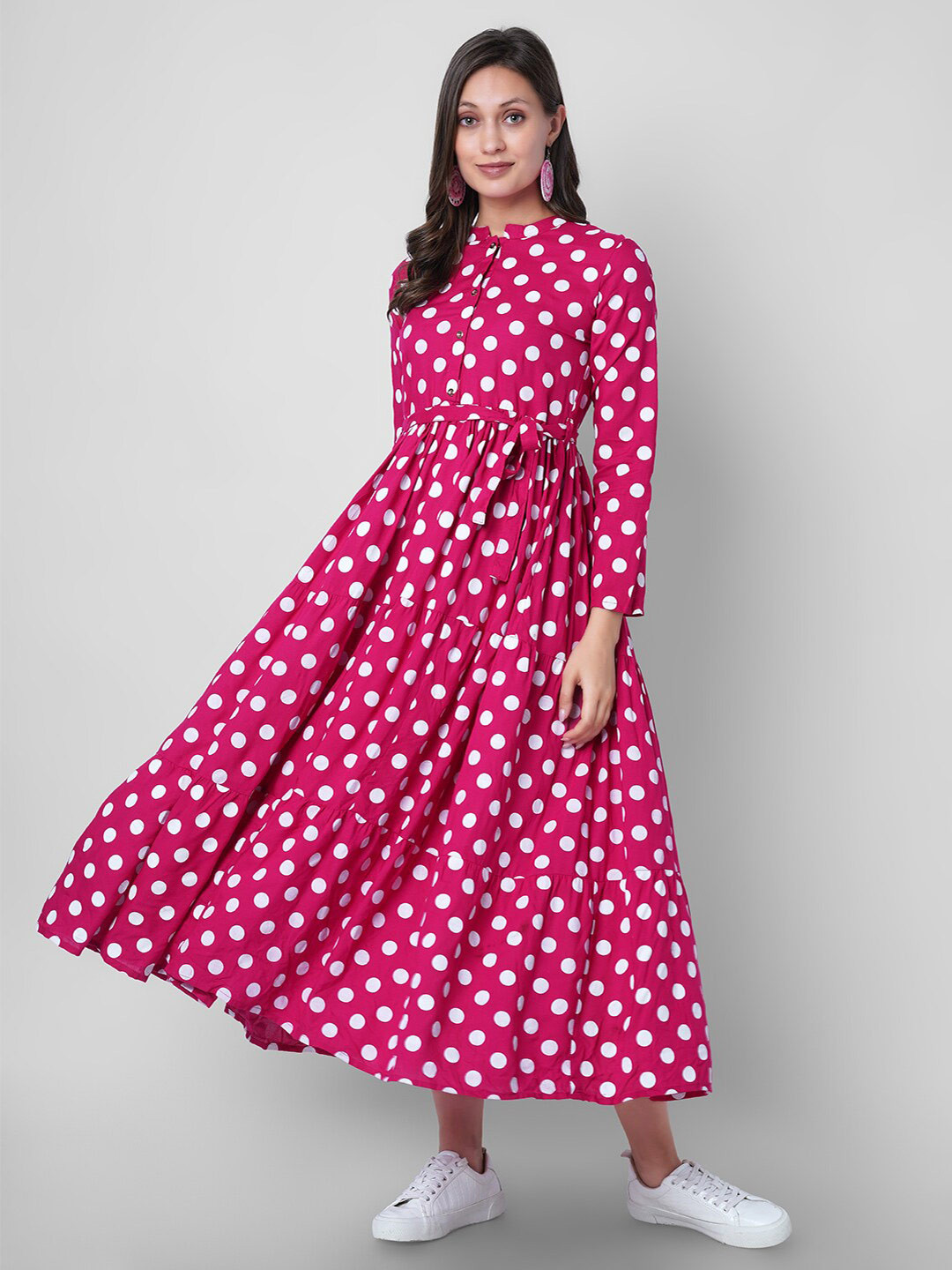

VASANT APPAREL Polka Dot Printed Tiered Fit & Flare Midi Dress With Belt, Pink