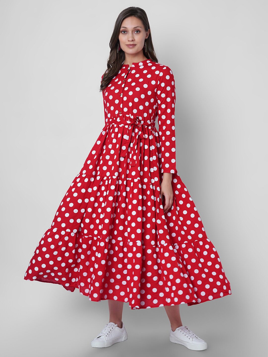 

VASANT APPAREL Polka Dot Printed Tiered Fit & Flare Midi Dress With Belt, Red