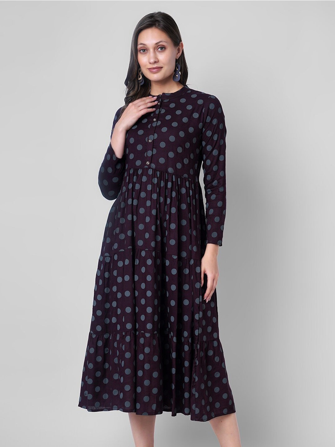 

VASANT APPAREL Polka Dots Printed Fit & Flare Midi Dress, Navy blue