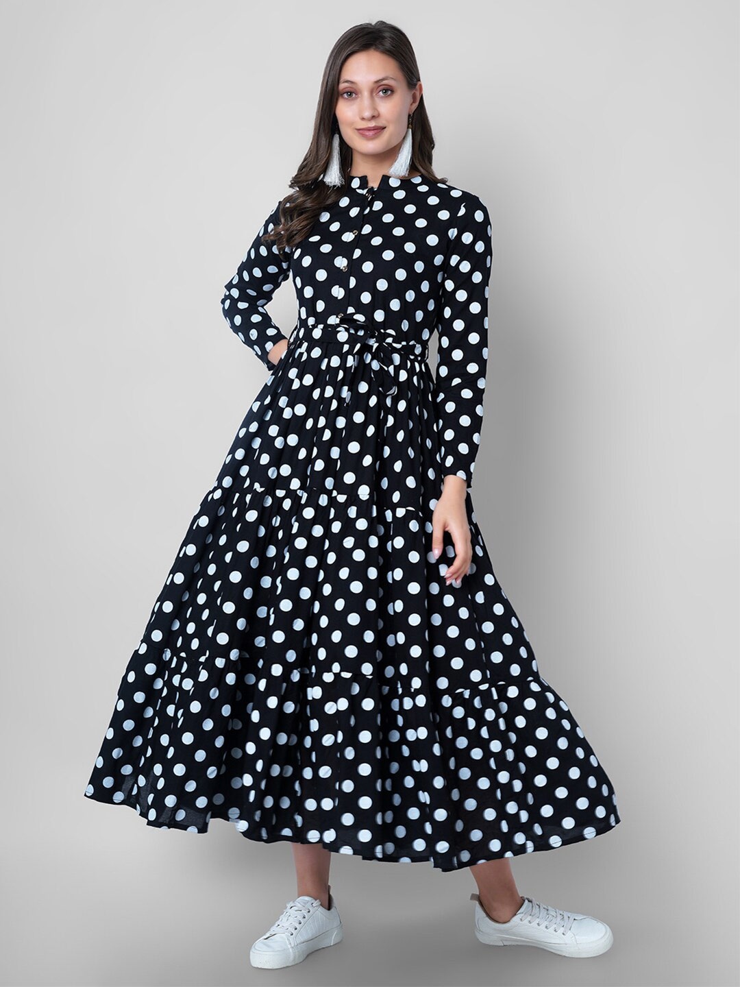 

VASANT APPAREL Polka Dot Printed Tiered Fit & Flare Midi Dress With Belt, Black