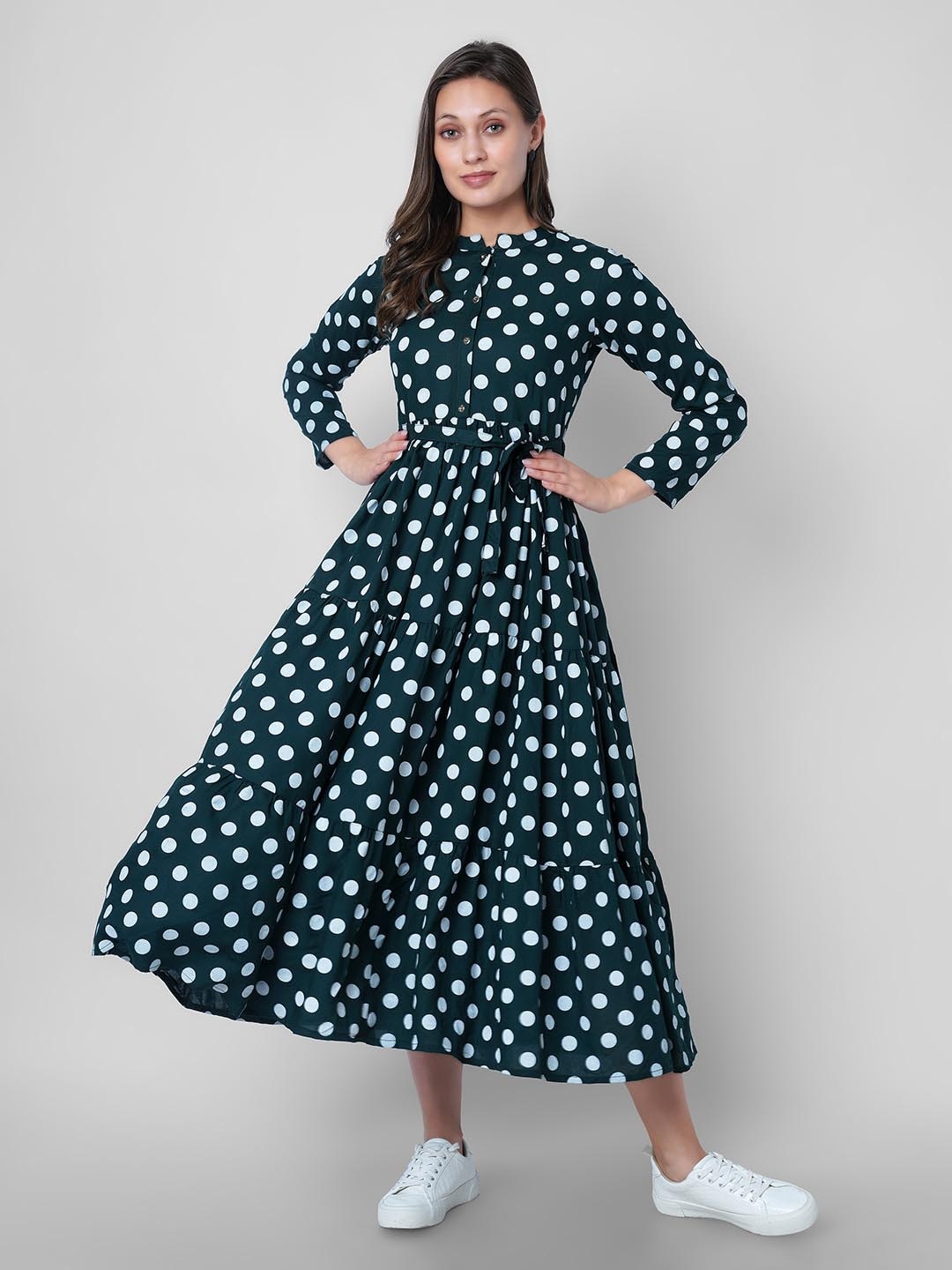 

VASANT APPAREL Polka Dot Printed Tiered Fit & Flare Midi Dress With Belt, Green