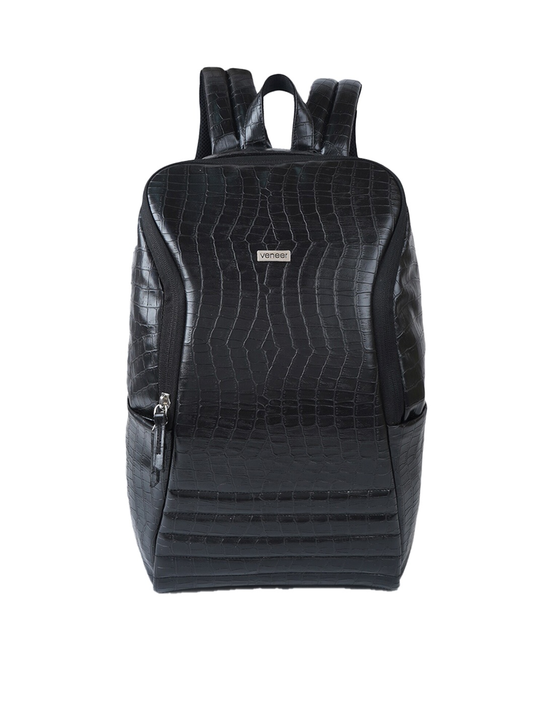 

Veneer Textured Light Weight Leather Brand Logo Backpack, Black