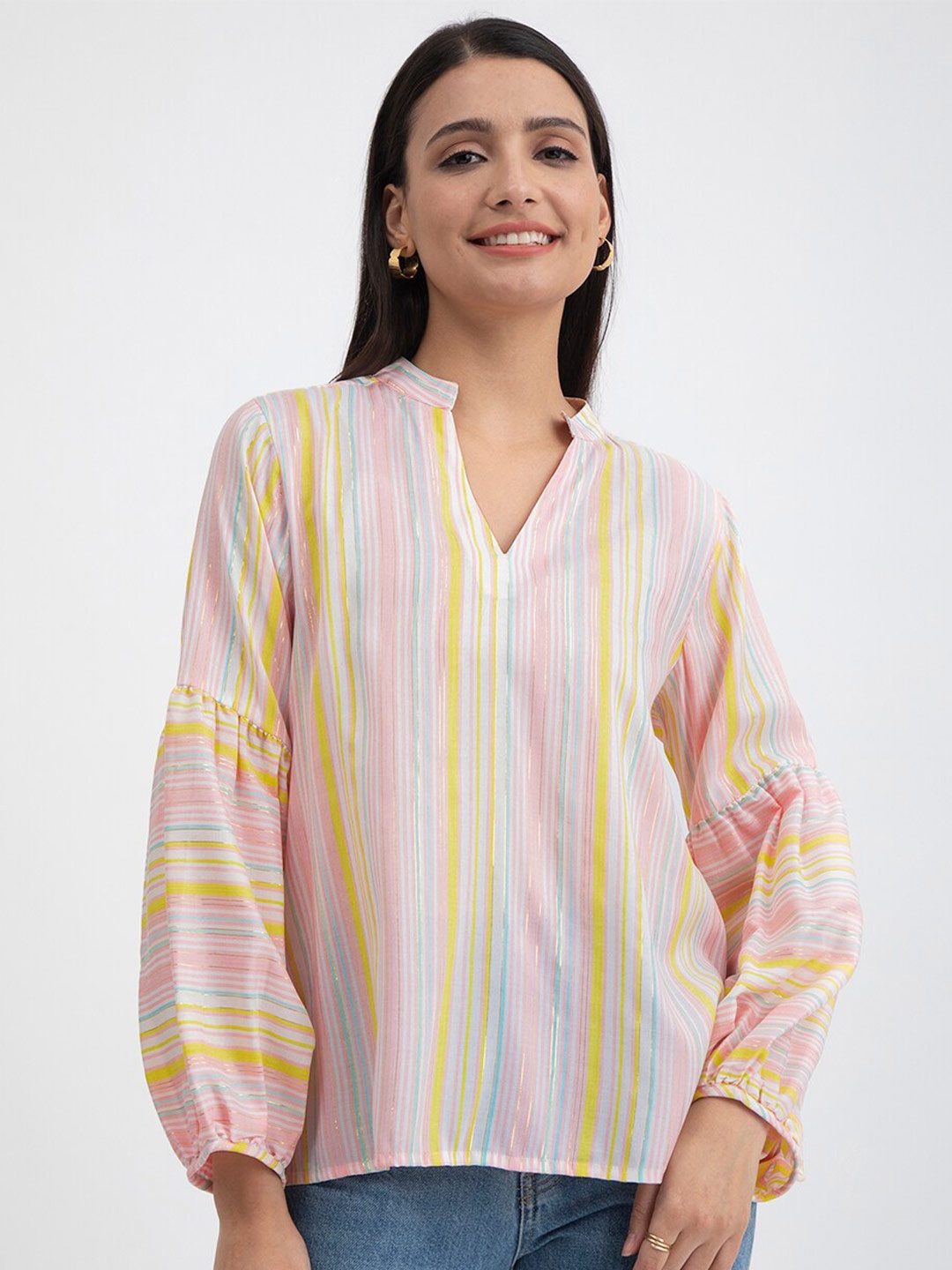 

Pink Fort Puff Sleeves Striped Mandarin Collar Top, White