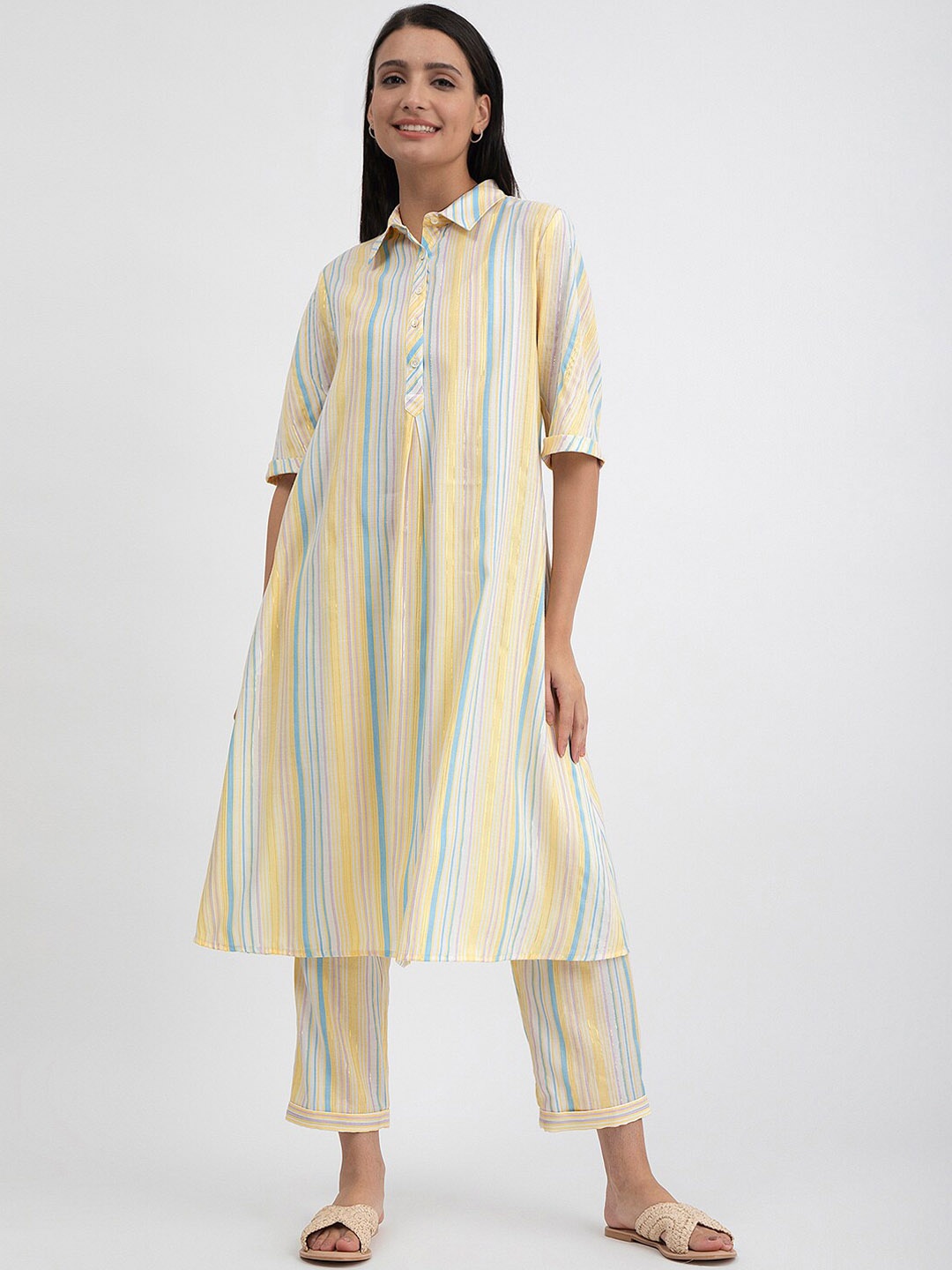 

Pink Fort Striped Shirt Collar A-line Kurta With Trousers, Yellow