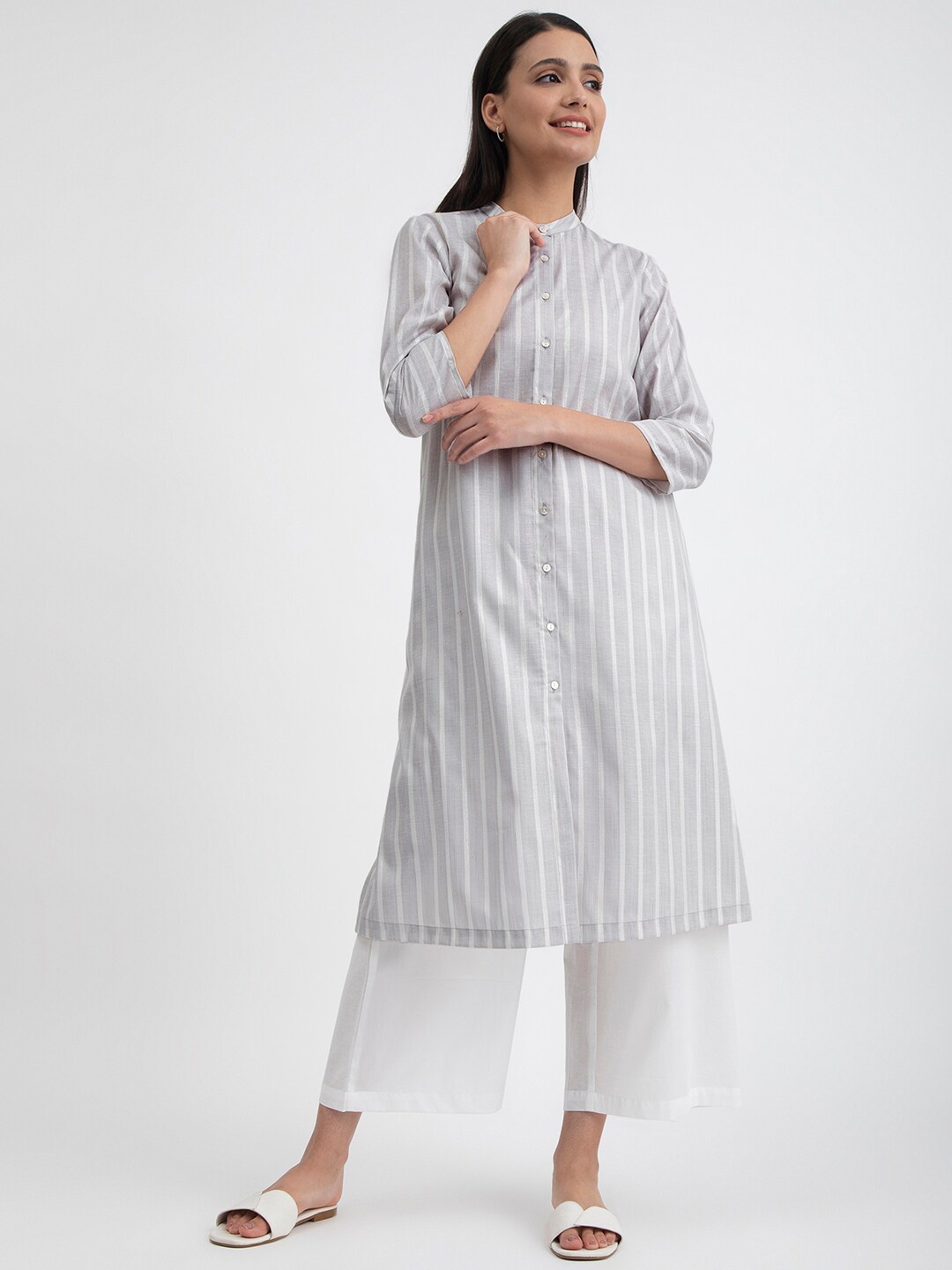 

Pink Fort Striped A-Line Pure Cotton Kurta with Palazzos, Grey