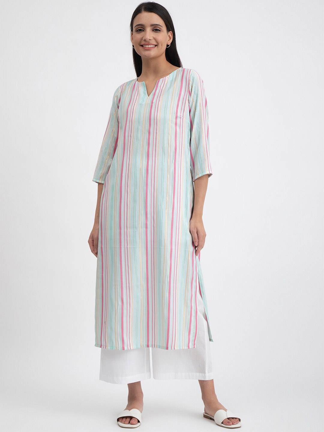 

Pink Fort Striped Notched Neck Kurta, Blue