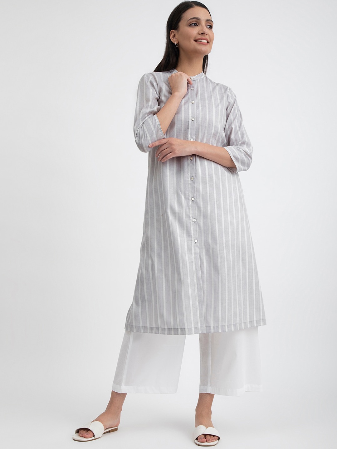 

Pink Fort Striped Band Collar A-Line Kurta, Grey