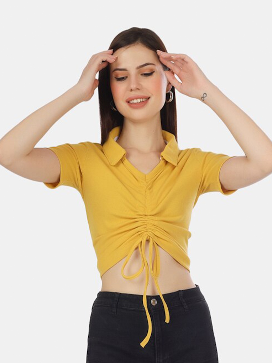 

HILL STREET V-Neck Ruched Front Tie Crop Top, Yellow