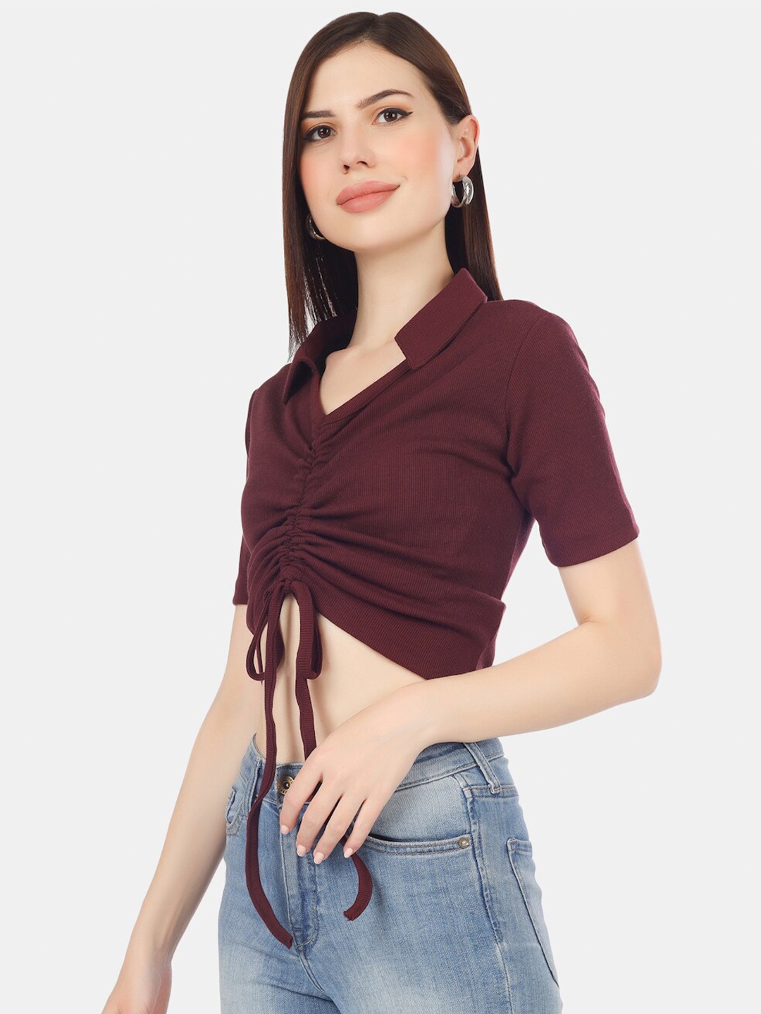 

HILL STREET V-Neck Ruched Front Tie Crop Top, Maroon