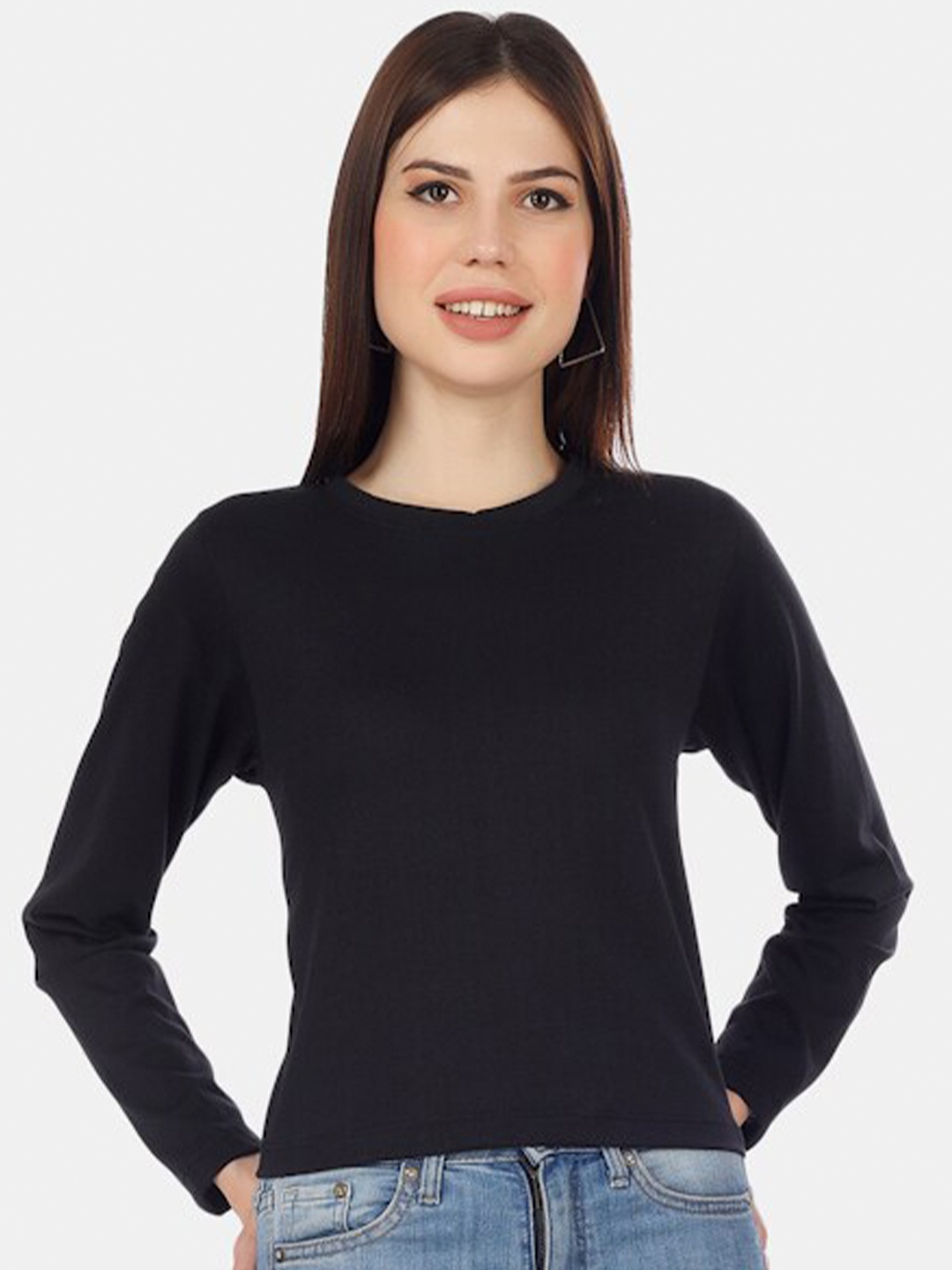 

HILL STREET Long Sleeves Pure Cotton Top, Black