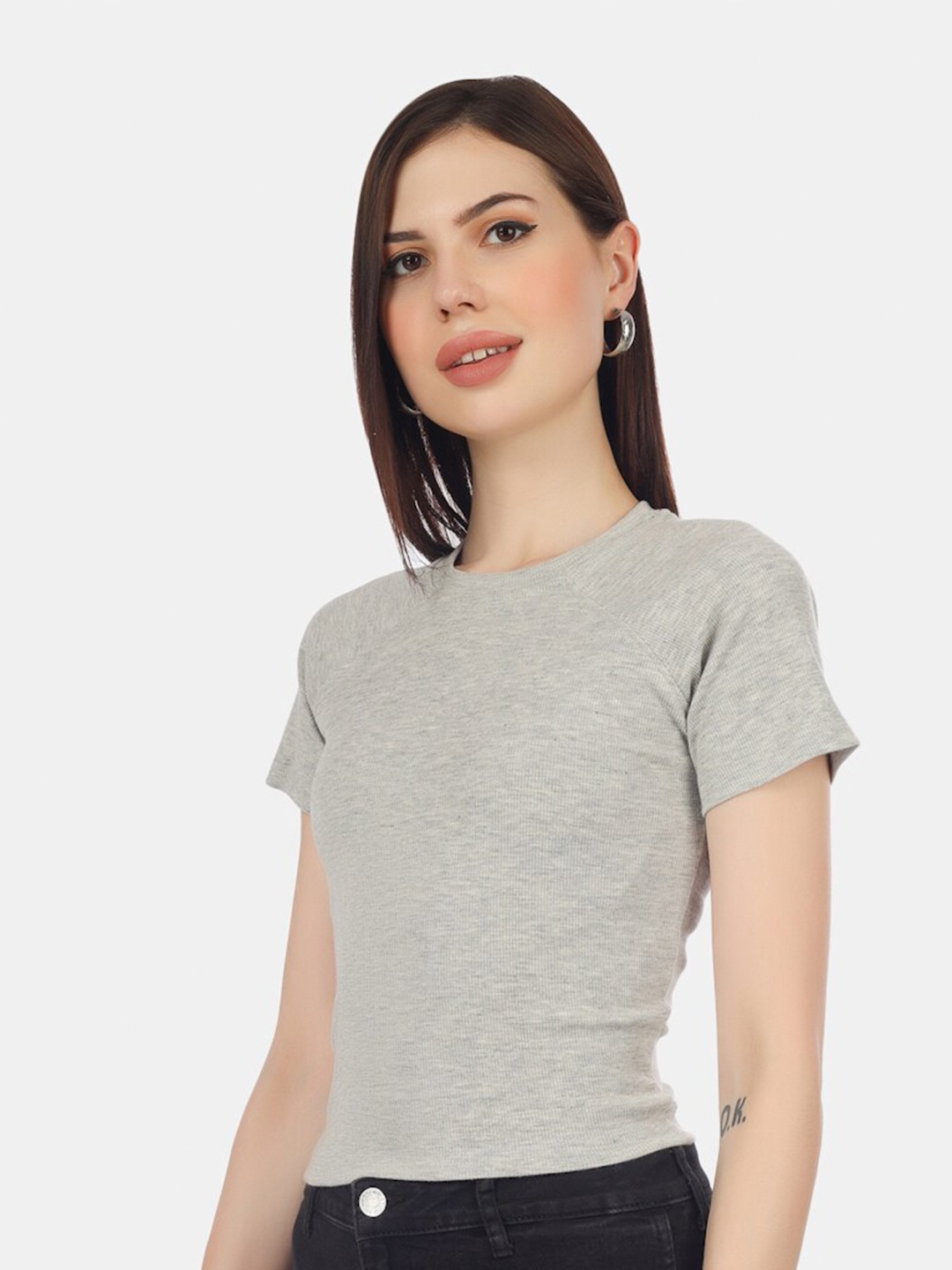 

HILL STREET Raglan Sleeves Pure Cotton Fitted Top, Grey