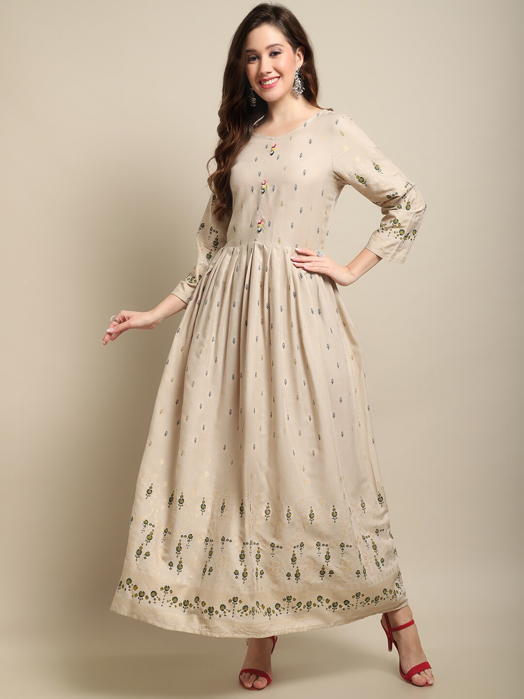 

Sangria Beige Conversational Printed Maxi Ethnic Dress