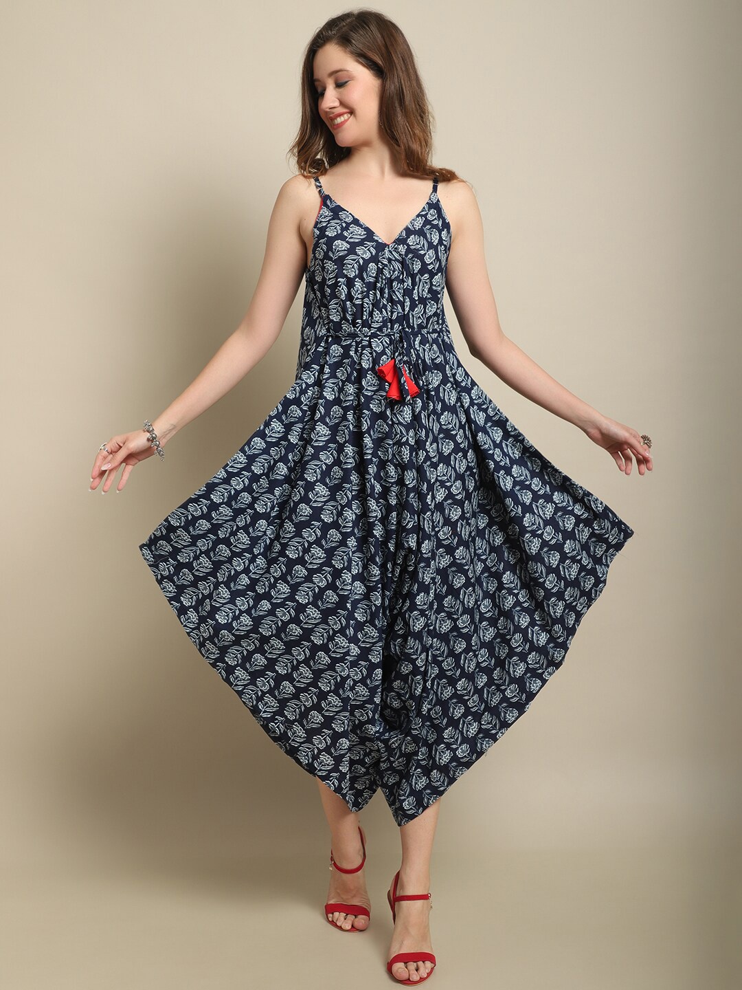 

Sangria Printed Cotton Culotte Jumsuit, Navy blue