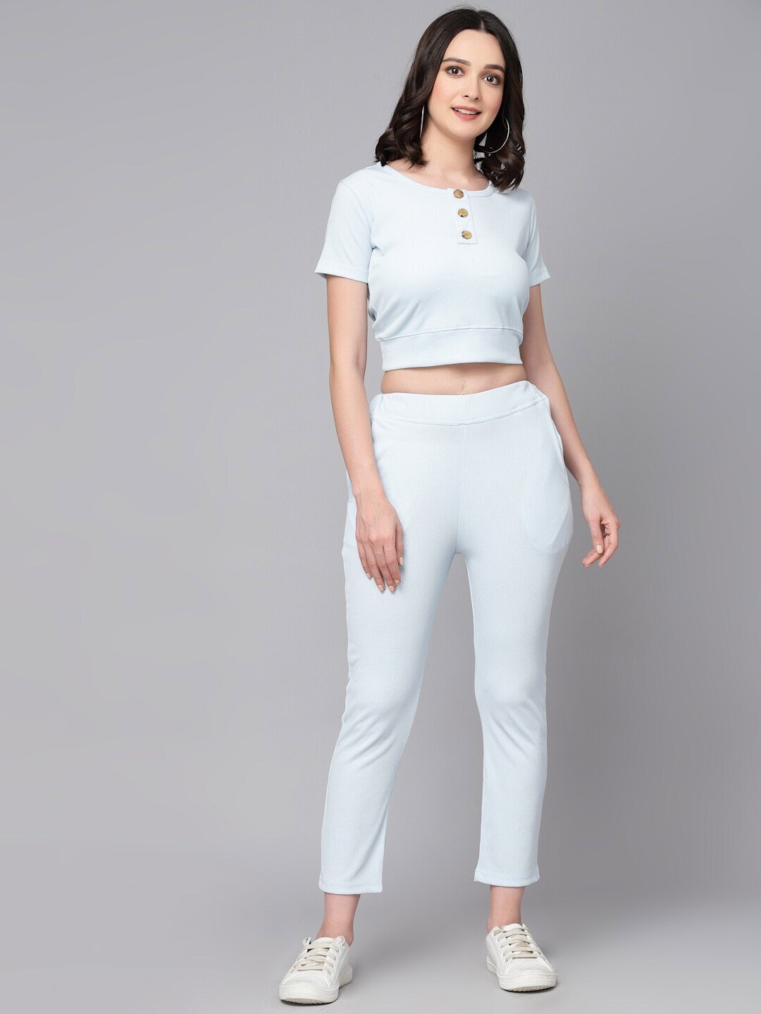 

HILL STREET Round Neck Pure Cotton Crop Top And Trousers, Blue