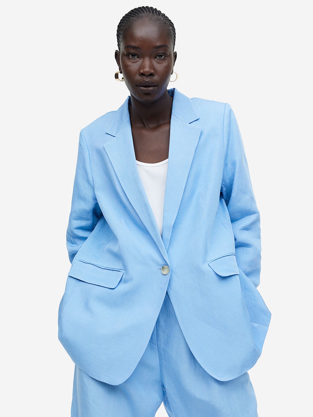 

H&M Linen-Blend Blazer, Blue